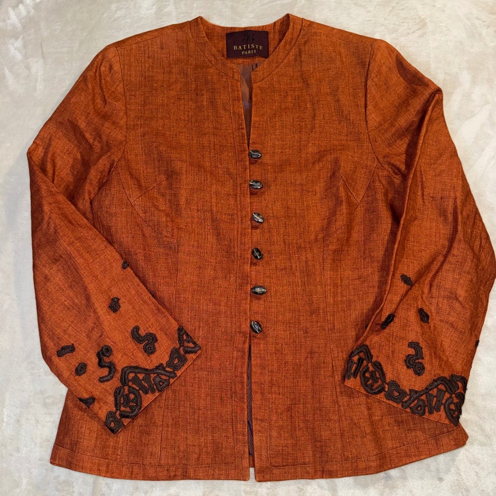 Batiste Paris Womens Burnt Orange Linen Embroidered Collarless Jacket Size 38